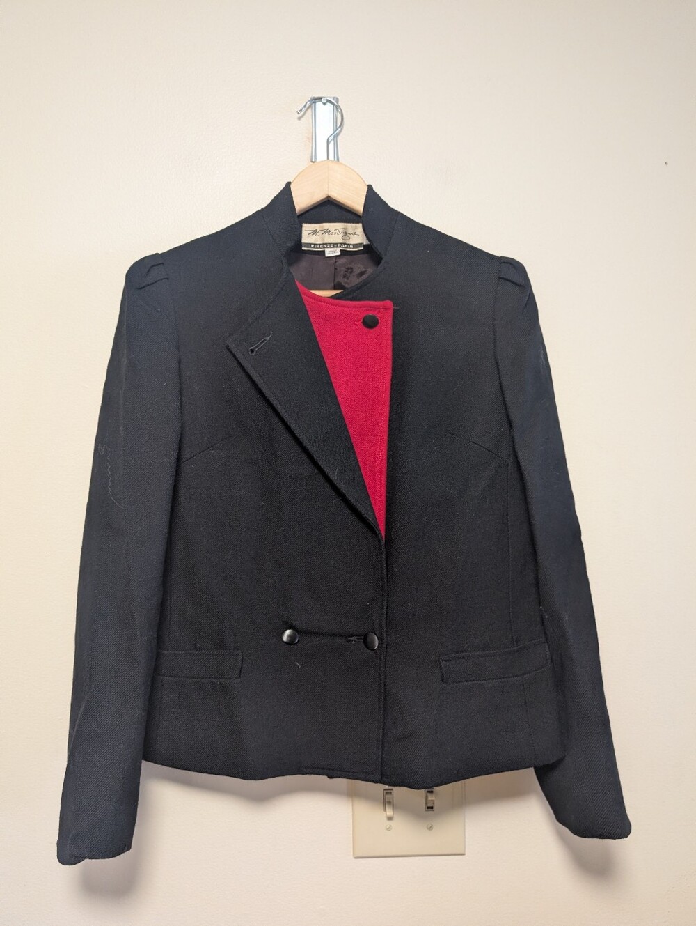 M. Montague Firenze Paris Black Wool Blazer Jacket Size 10 Vintage Red Accent